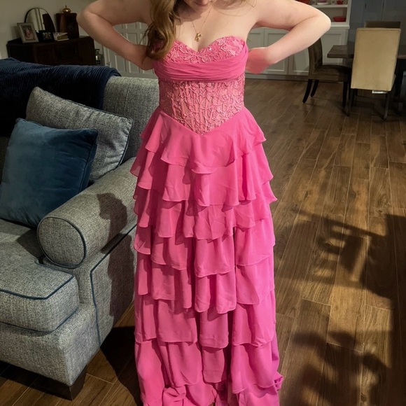 Strapless Pink Ruffled Prom Dress - Picture 2 of 3